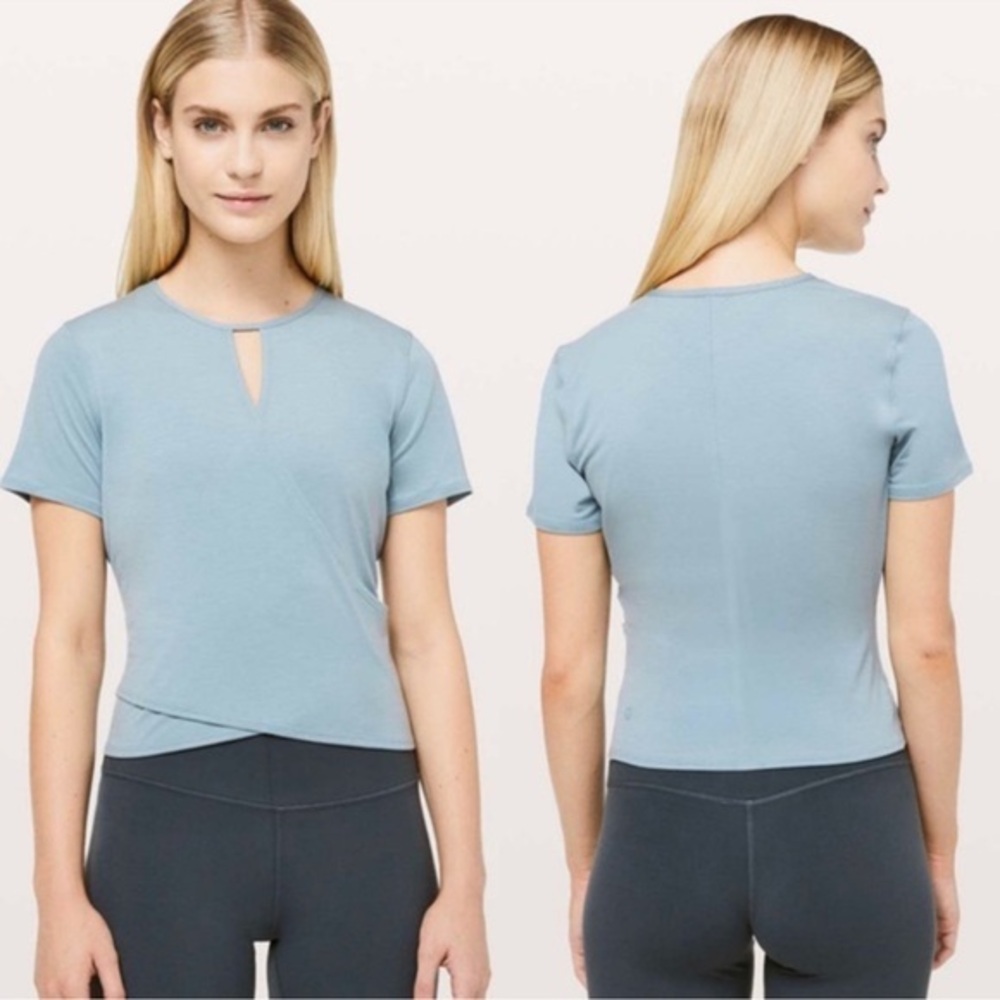 LULULEMON Teal‎ Round Trip Short Sleeve Crossover Cut Out Top Size 4